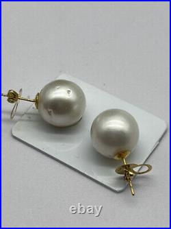 14.3mm-14.4mm South Sea Pearl White Stud Earrings 14k Gold settings