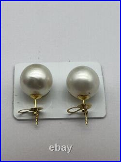 14.3mm-14.4mm South Sea Pearl White Stud Earrings 14k Gold settings