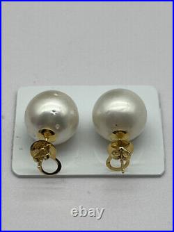 14.3mm-14.4mm South Sea Pearl White Stud Earrings 14k Gold settings