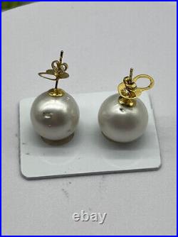 14.3mm-14.4mm South Sea Pearl White Stud Earrings 14k Gold settings