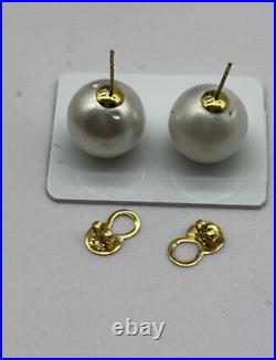 14.3mm-14.4mm South Sea Pearl White Stud Earrings 14k Gold settings