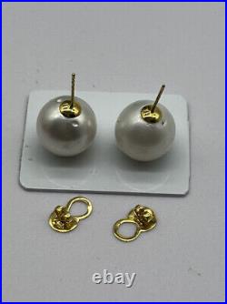 14.3mm-14.4mm South Sea Pearl White Stud Earrings 14k Gold settings