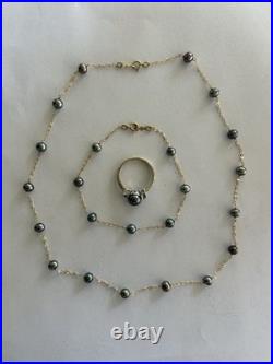 14 KT Black Pearl Jewelry Set Necklace, Bracelet & Blk Pearl Ring With 14 Diamonds