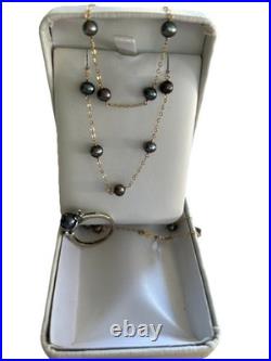 14 KT Black Pearl Jewelry Set Necklace, Bracelet & Blk Pearl Ring With 14 Diamonds