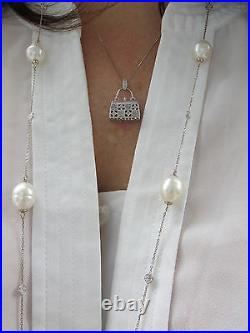 14 KT White Gold & Paspaley South Sea Pearl Bezel Set Station Necklace NEW LONG