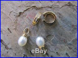 14 KT Yellow Gold Channel Set Diamond & Pearl Hoop Earring & with Detach Charms