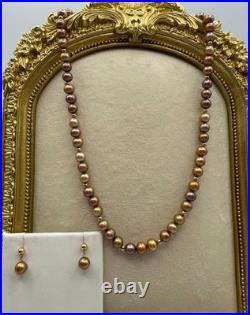 14 Karat Yellow Gold Dyed Pearl Strand Necklace With Earrings Set