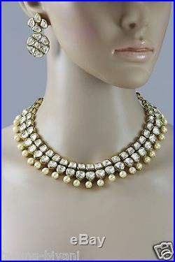 14 Unshaped 2 Layers Gold Plated CZ Polki Kundan Necklace Set, Pearl Drops