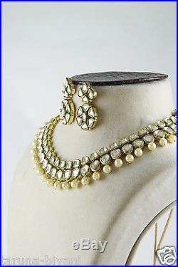 14 Unshaped 2 Layers Gold Plated CZ Polki Kundan Necklace Set, Pearl Drops