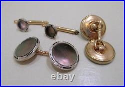 14 kt Yellow Gold Cuff Links & Tuxedo Studs 4 Piece Set Mother of Pearl & Onyx