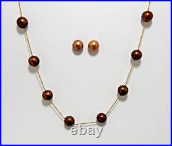 14K GOLD Chocolate Pearl necklace 18 & earring set Tea cup style 9.5mm Pearls