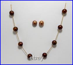 14K GOLD Chocolate Pearl necklace 18 & earring set Tea cup style 9.5mm Pearls