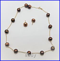 14K GOLD Chocolate Pearl necklace 18 & earring set Tea cup style 9.5mm Pearls