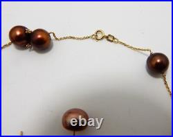 14K GOLD Chocolate Pearl necklace 18 & earring set Tea cup style 9.5mm Pearls