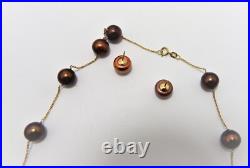 14K GOLD Chocolate Pearl necklace 18 & earring set Tea cup style 9.5mm Pearls