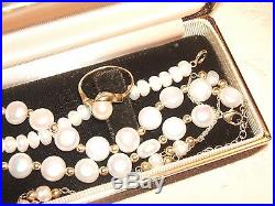 14k Gold Pearl Jewelry Set Bracelet Necklace Ring Lot