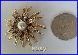 14K Gold 1/2 Carat Diamond Pearl Jewelry Set Brooch & Earrings 21.9g Antique