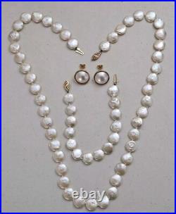 14K Gold 11mm Baroque Coin Pearl Necklace Bracelet & Earring Set
