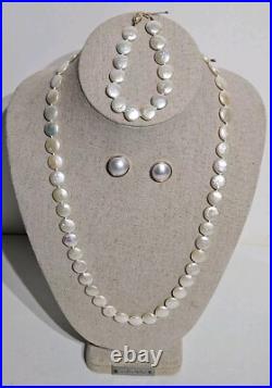 14K Gold 11mm Baroque Coin Pearl Necklace Bracelet & Earring Set