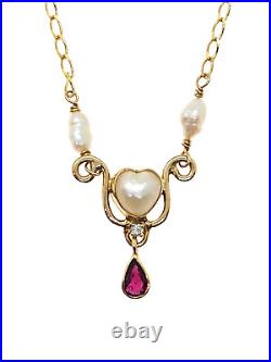 14K Gold 18 Y-Drop Heart Necklace with Pearls, Teardrop Ruby & Diamond, 5.5 Grams