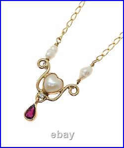 14K Gold 18 Y-Drop Heart Necklace with Pearls, Teardrop Ruby & Diamond, 5.5 Grams