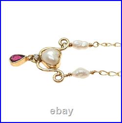 14K Gold 18 Y-Drop Heart Necklace with Pearls, Teardrop Ruby & Diamond, 5.5 Grams