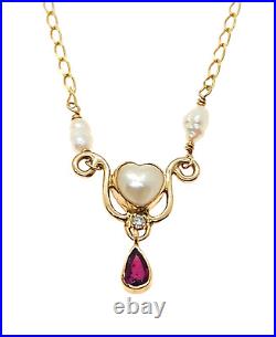 14K Gold 18 Y-Drop Heart Necklace with Pearls, Teardrop Ruby & Diamond, 5.5 Grams