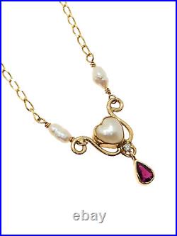 14K Gold 18 Y-Drop Heart Necklace with Pearls, Teardrop Ruby & Diamond, 5.5 Grams