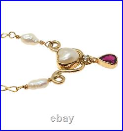 14K Gold 18 Y-Drop Heart Necklace with Pearls, Teardrop Ruby & Diamond, 5.5 Grams