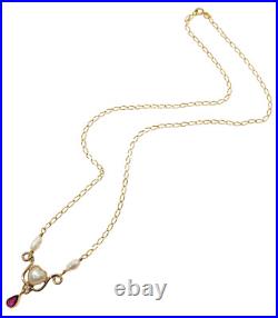 14K Gold 18 Y-Drop Heart Necklace with Pearls, Teardrop Ruby & Diamond, 5.5 Grams