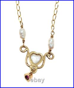 14K Gold 18 Y-Drop Heart Necklace with Pearls, Teardrop Ruby & Diamond, 5.5 Grams