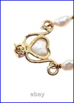 14K Gold 18 Y-Drop Heart Necklace with Pearls, Teardrop Ruby & Diamond, 5.5 Grams