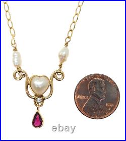 14K Gold 18 Y-Drop Heart Necklace with Pearls, Teardrop Ruby & Diamond, 5.5 Grams