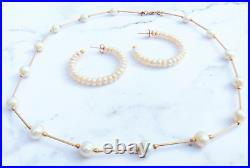 14K Gold 6.5-7mm Pearl Beaded Station Necklace & 4.5-5mm Pearl Hoop Earrings Set