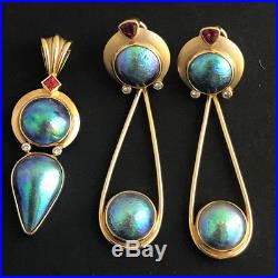 14K Gold Abalone, Spinel, Diamond Earring & Pendant Set Patrick Murphy Designs