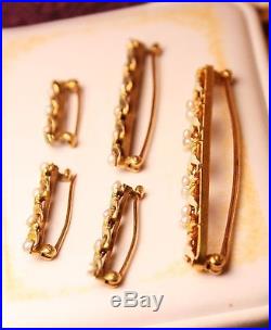14K Gold Antique Krementz Enameled Seed Pearl Lingerie Pins Brooch Set