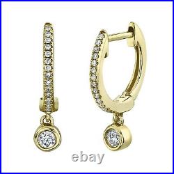 14K Gold Bezel Set Diamond Huggie Drop Earrings Round Cut Natural 0.14 CT Dangle