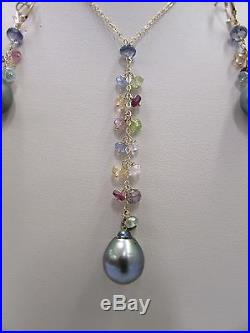 14K Gold Earring and Necklace Set With Silver Black Pearls and Multicolor Stones