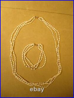 14K Gold, Freshwater Ivory Colored Rice Pearl, 3 Strand Necklace & Bracelet Set