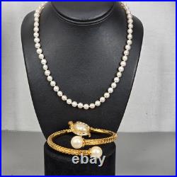 14K Gold Freshwater Pearl Necklace & Gold-Tone Turtle Bangle Bracelet Set