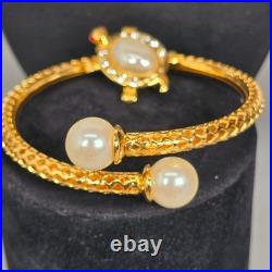 14K Gold Freshwater Pearl Necklace & Gold-Tone Turtle Bangle Bracelet Set