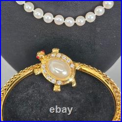 14K Gold Freshwater Pearl Necklace & Gold-Tone Turtle Bangle Bracelet Set