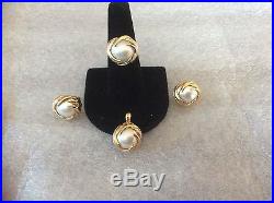 14K Gold Iridescent Mabe Pearl Pendant, Ring & Pierced Earrings Set