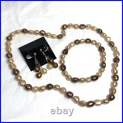 14K Gold Multi Brown Pearl Jewelry Set Necklace Bracelet Earrings Signed CP