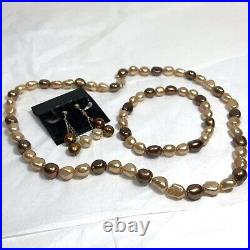 14K Gold Multi Brown Pearl Jewelry Set Necklace Bracelet Earrings Signed CP