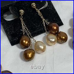 14K Gold Multi Brown Pearl Jewelry Set Necklace Bracelet Earrings Signed CP