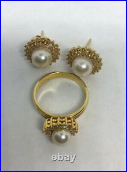 14K Gold Pearl & Diamonds Ring & Earrings Halo Set