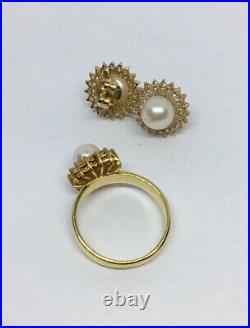 14K Gold Pearl & Diamonds Ring & Earrings Halo Set