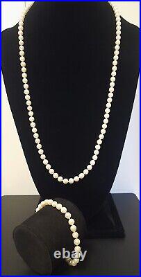 14K Gold Pearl Necklace Bracelet Set Single Strands Cultured Signed Vtg 29 & 8