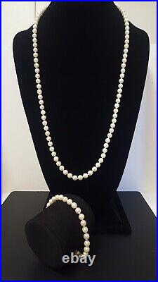 14K Gold Pearl Necklace Bracelet Set Single Strands Cultured Signed Vtg 29 & 8